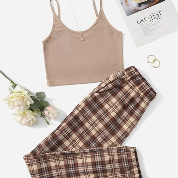 SHEIN Other - Shein | Beige & Brown Plaid Pajama Set